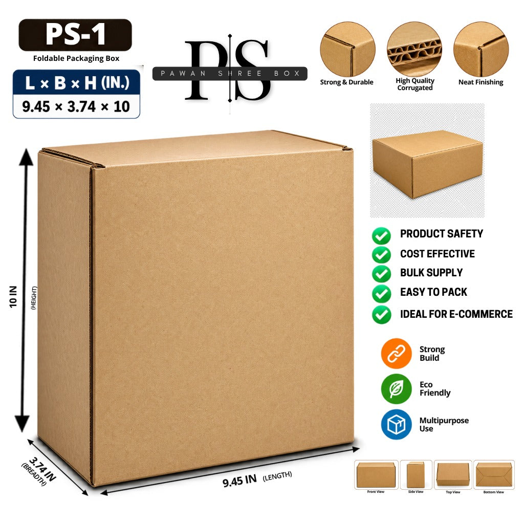 **PS-1 Foldable Corrugated Cardboard Packaging Box for E-Commerce Shipping, Brown Kraft Carton Box, 9.45 × 3.74 × 10 Inches**
